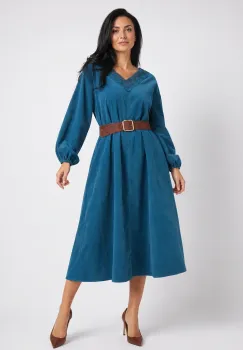 Rochie midi din catifea reiata de bumbac cu dantela si curea, turcoaz imagine