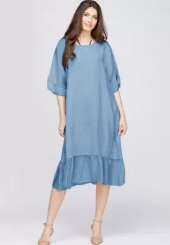 Rochie midi din in albastra cu volane din matase si funda pe spate imagine