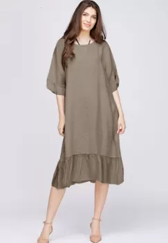 Rochie midi din in bej fango cu volane din matase si funda pe spate imagine