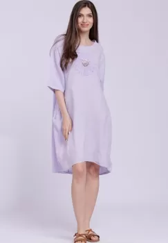 Rochie midi din in cu floare din paiete pe piept, lila imagine