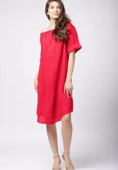 Rochie midi din in fucsia inchis, cu decolteu pe elastic imagine