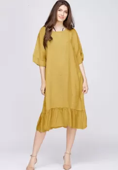 Rochie midi din in galbena cu volane din matase si funda pe spate imagine