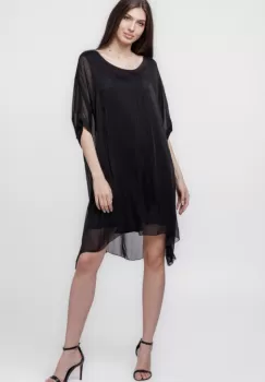 Rochie midi, dreapta, din matase naturala, cu funda pe spate, neagra imagine