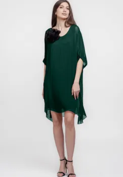 Rochie midi, dreapta, din matase naturala, cu funda pe spate, verde inchis imagine