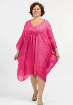 Rochie midi fucsia, ampla, din matase naturala, cu detaliu sub bust, in colturi imagine