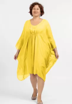 Rochie midi galbens, ampla, din matase naturala, cu detaliu sub bust, in colturi imagine