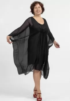 Rochie midi neagra, ampla, din matase naturala, cu detaliu sub bust, in colturi imagine