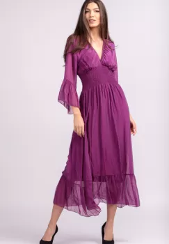 Rochie mov zmeura din matase naturala cu banda elastica in talie si volane imagine