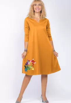 Rochie mustar A line midi, cu decolteu traditional si floare laterala imagine