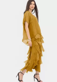 Rochie mustar din matase naturala cu volane franjurate suprapuse imagine