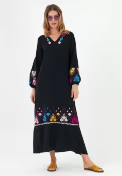 Rochie neagra A-line cu broderie si maneci bufante, din vascoza imagine