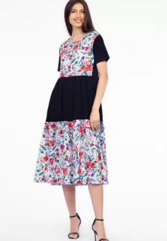 Rochie neagra cu platca si doua volane, imprimeu trandafiri, din bumbac imagine