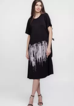 Rochie neagra din bumbac cu imprimeu metalizat si tafta pe spate imagine