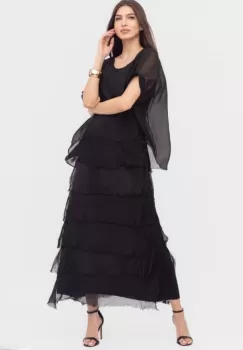 Rochie neagra din matase naturala cu volane franjurate suprapuse imagine