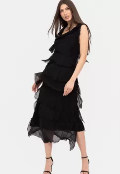 Rochie neagra din matase naturala cu volane franjurate suprapuse, fara maneci imagine