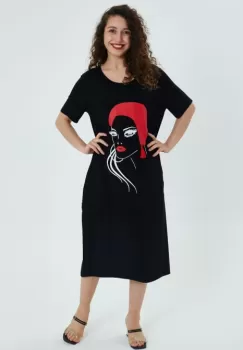 Rochie neagra din tricot de vascoza, cu imprimeu Fata cu parul rosu imagine