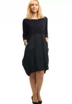 Rochie neagra gogosar din tricot si tafta cu buzunare imagine