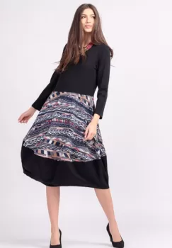 Rochie neagra, lalea, din jerseu, cu imprimeu geometric cu gri imagine