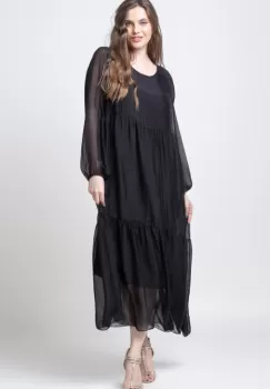 Rochie neagra lunga, din matase naturala, cu volane imagine