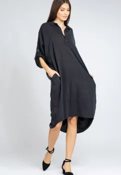 Rochie neagra Stella Milani din tencel, cu inel metalic pe spate imagine