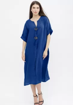Rochie oversize din in, cu nasturi pe piept, albastru electric imagine