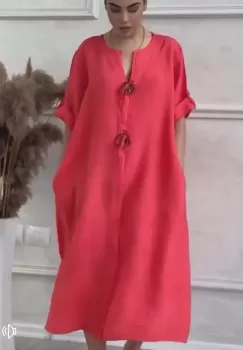 Rochie oversize din in, cu nasturi pe piept, corai imagine