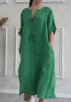 Rochie oversize din in, cu nasturi pe piept, verde imagine