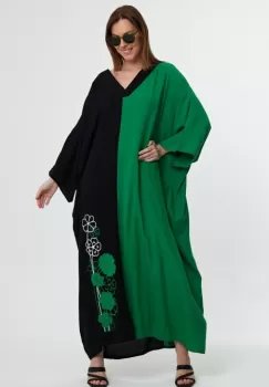 Rochie oversize verde-negru cu broderie, din vascoza imagine