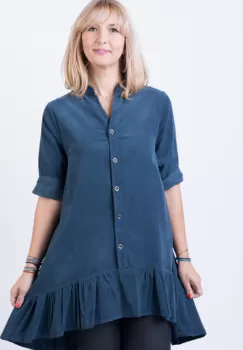 Rochie pentru colanti cu volan, din catifea reiata, turcoaz inchis imagine