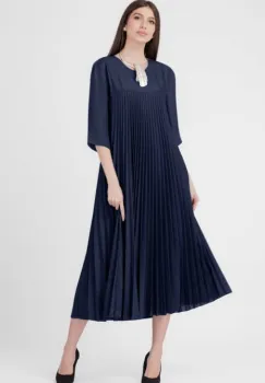 Rochie plisata A-line cu maneci trei sferturi, material fin si usor creponat, bleumarin imagine