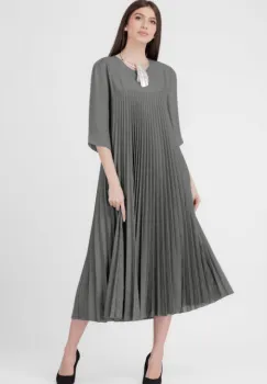 Rochie plisata A-line cu maneci trei sferturi, material fin si usor creponat, gri imagine