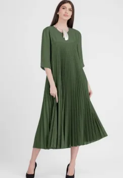 Rochie plisata A-line cu maneci trei sferturi, material fin si usor creponat, kaki imagine