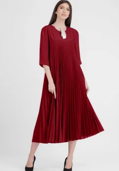 Rochie plisata A-line cu maneci trei sferturi, material fin si usor creponat, rosu inchis imagine