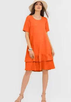 Rochie portocalie A line midi, cu doua volane poale, din in mercerizat imagine