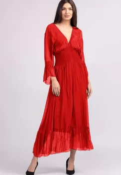 Rochie rosie din matase naturala cu banda elastica in talie si volane imagine