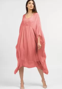 Rochie roz somon in colturi, lunga, ampla, din matase naturala, cu detaliu sub bust imagine