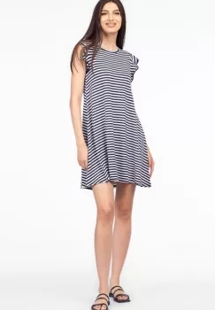 Rochie scurta A-line, din tricot de vascoza, imprimeu dungi alb-bleumarin imagine