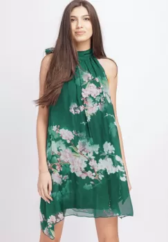Rochie scurta din matase naturala verde, cu flori de cires imagine