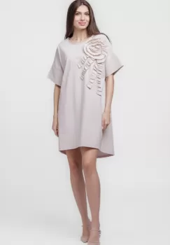 Rochie scurta, dreapta,cu aplicatie boboc, din jerseu de bumbac, bej imagine