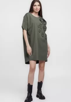 Rochie scurta, dreapta,cu aplicatie boboc, din jerseu de bumbac, kaki imagine