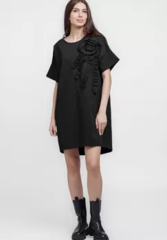 Rochie scurta, dreapta,cu aplicatie boboc, din jerseu de bumbac, neagra imagine