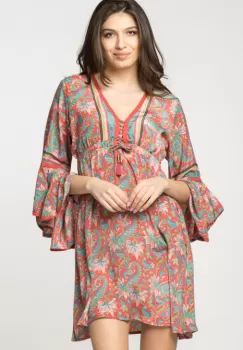 Rochie scurta stransa in talie cu imprimeu floral, din matase indiana corai imagine