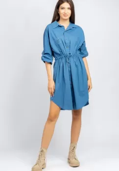 Rochie scurta tip camasa, din bumbac, cu siret in talie, albastra imagine