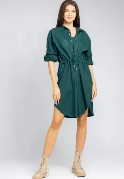 Rochie scurta tip camasa, din bumbac, cu siret in talie, verde imagine