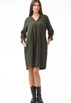 Rochie scurta tip camasa din catifea reiata verde, kaki imagine