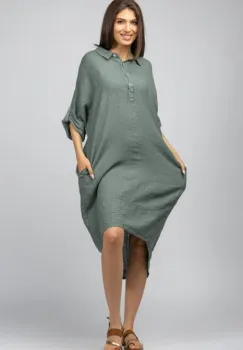 Rochie Stella Milani din tencel kaki, cu inel metalic pe spate imagine