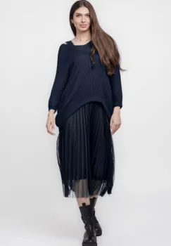 Rochie suprapusa cu puloveras cu maneca lunga si tulle plisat, bleumarin imagine