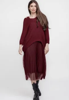 Rochie suprapusa cu puloveras cu maneca lunga si tulle plisat, bordo imagine