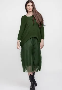 Rochie suprapusa cu puloveras cu maneca lunga si tulle plisat, kaki imagine