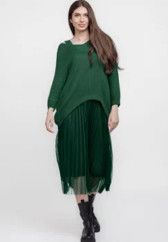 Rochie suprapusa cu puloveras cu maneca lunga si tulle plisat, verde inchis imagine